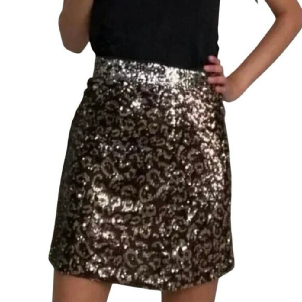 Cache’ Sequin Mini Skirt Women Small Black & Gold Leopard, Animal‎ Print Party